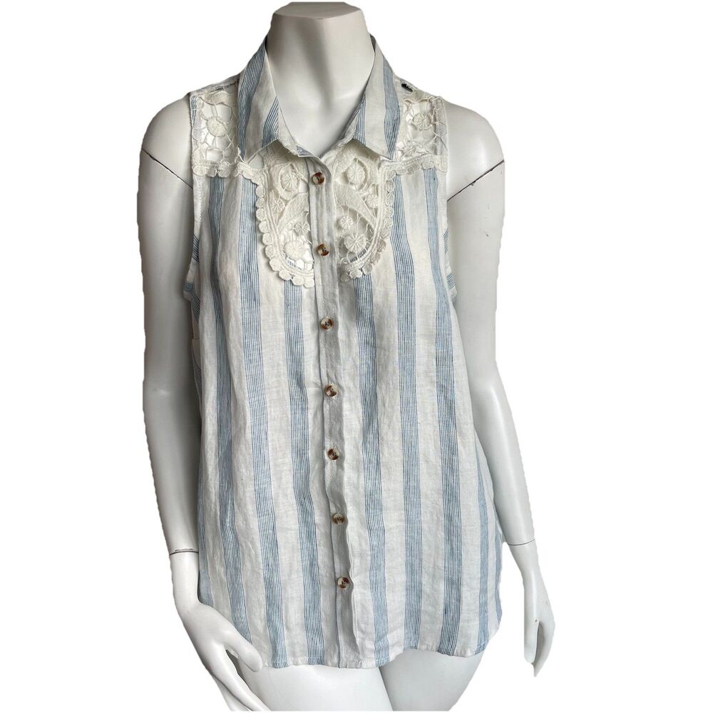 Maeve Sleeveless 100% Linen Crochet Lace Shirt Tunic Top M Coastal Resort Summer